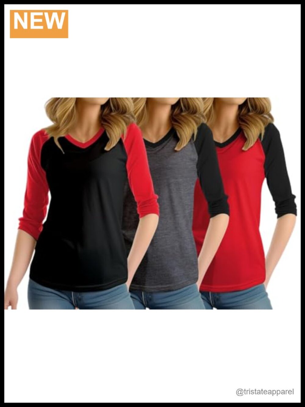 Raglan Shirt 3/4 Sleeve V Neck Poly-Cotton Baseball Tee Casual Top